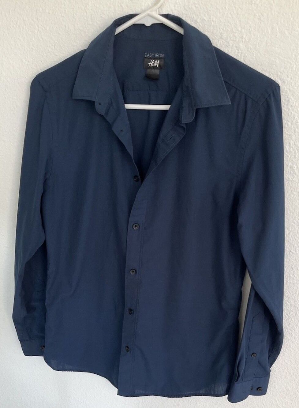 H & M Men’s Navy Blue Easy Iron Long Sleeve Dress Shirt Poly Cotton Blend Sz XS